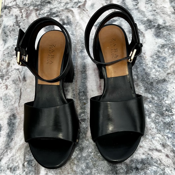 ZARA Anklestrap Wooden Clogs Black LEATHER SANDALS with Studs Size 38 - Picture 4 of 11